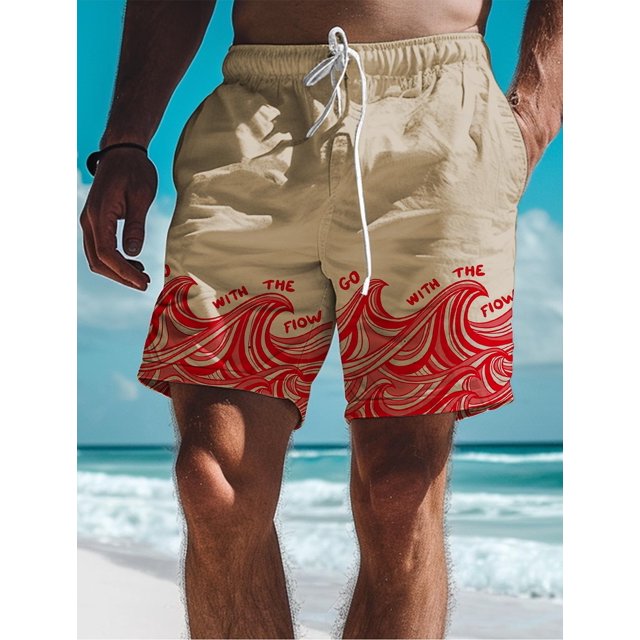 Waves Men's 3D Printed Board Shorts Swim Trunks Elastic Waist Drawstring Summer New Hawaiian Beach Style Letter Design Shorts