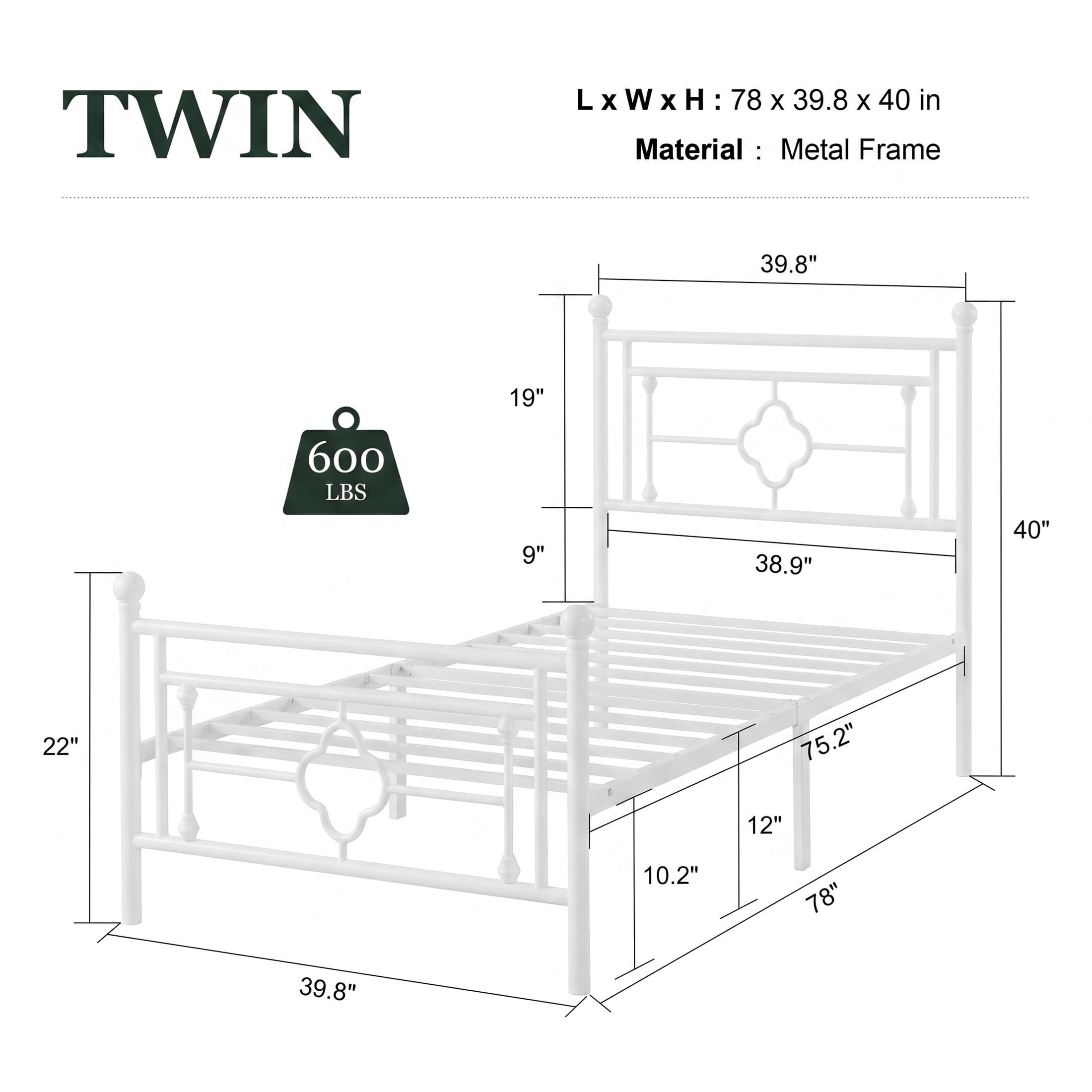 Amolife Twin Size Metal Platform Bed Frame with Vintage Cross Pattern Headboard&Footboard, White