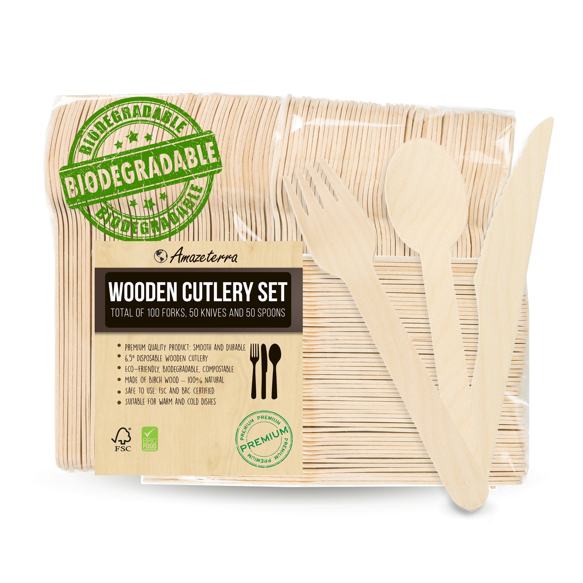 Disposable Wooden Cutlery Set by Amazeterra 200 Pack Flatware 100
