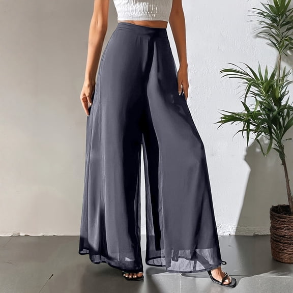 Women's Straight Pants Fashion Casual Pants, Chiffon Wide Leg Pants Loose Long Trousers for Women, Flowy Dress Pants, Office Casual Wear,Gray,S
