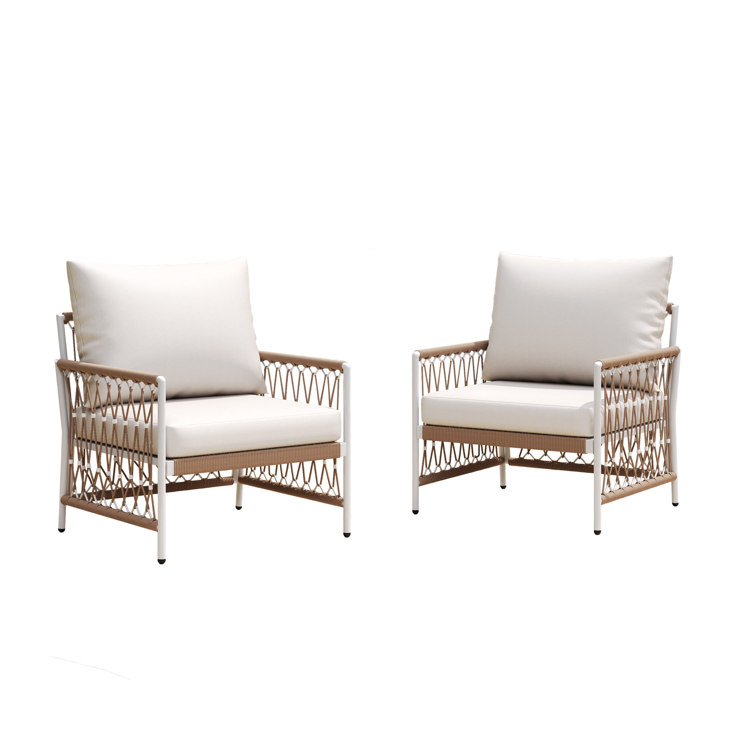 Bohemian Lounge Chair, Outdoor Chair with Handwoven Rope and Steel Frame for Patio Garden, Brown and Beige