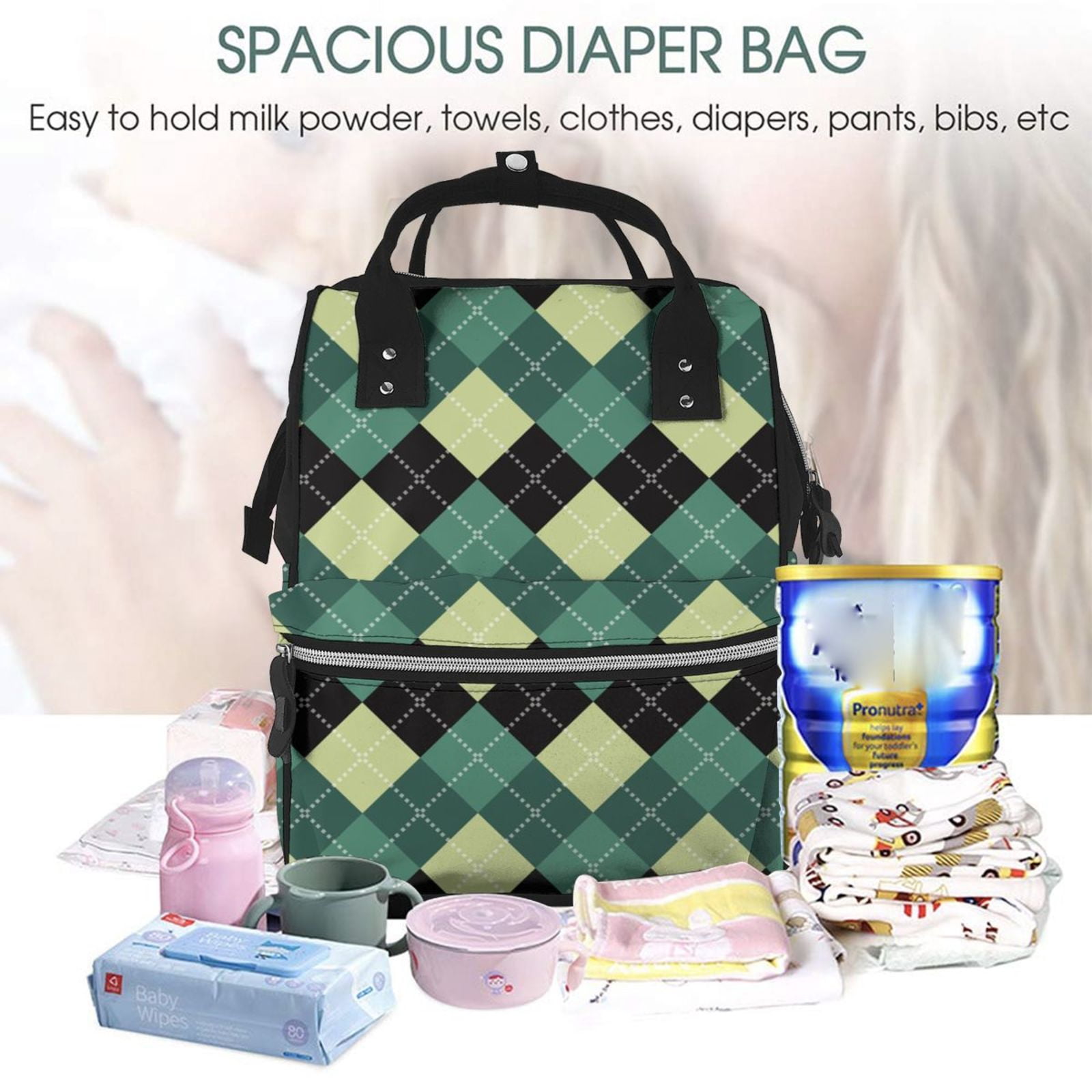 Ratiio Green Squares Mummy Backpack - Waterproof Twill Canvas, Large Capacity Diaper Bag with Multiple Pockets and Adjustable Straps