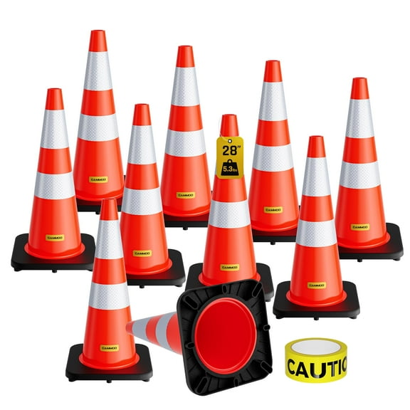 CAMMOO 10 Pack 28" PVC Safety Traffic Cones with Black Base, Road Parking Cone with Reflective Collar&Extra Caution Tape for Construction & Traffic Control