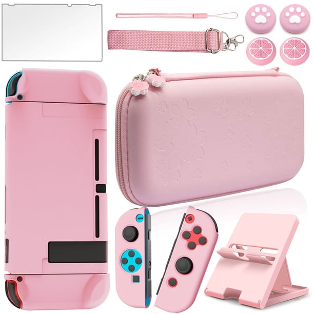 Estuche de transporte rosa de 1 pieza para Nintendo Switch: paquete de accesorios rosa con estuche protector rígido, protector de pantalla de vidrio, soporte ajustable y tapa de agarre para el pulgar.