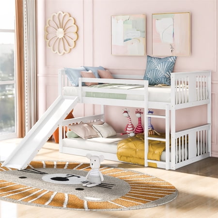 Twin Over Twin Bunk Bed  Floor Bunk Bed with Slide  Safety Guardrail & Ladder  Wood Low Beds Frame for Boys Girls Teens Toddlers  No Box Spring Needed  Easy to Assemble  White