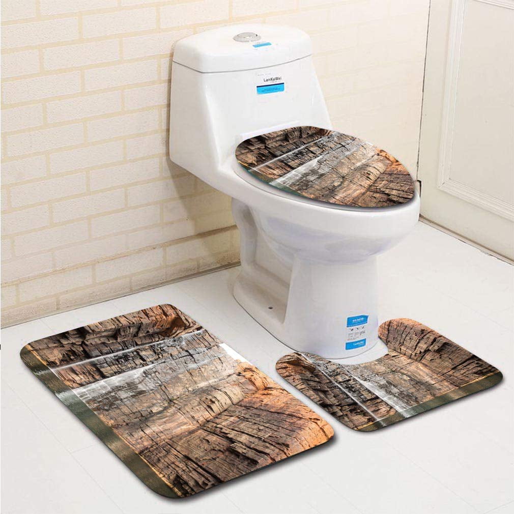 3 Piece Bathroom Set Bath Toilet Rug Anti-skid Carpet Lid Toilet Cover 