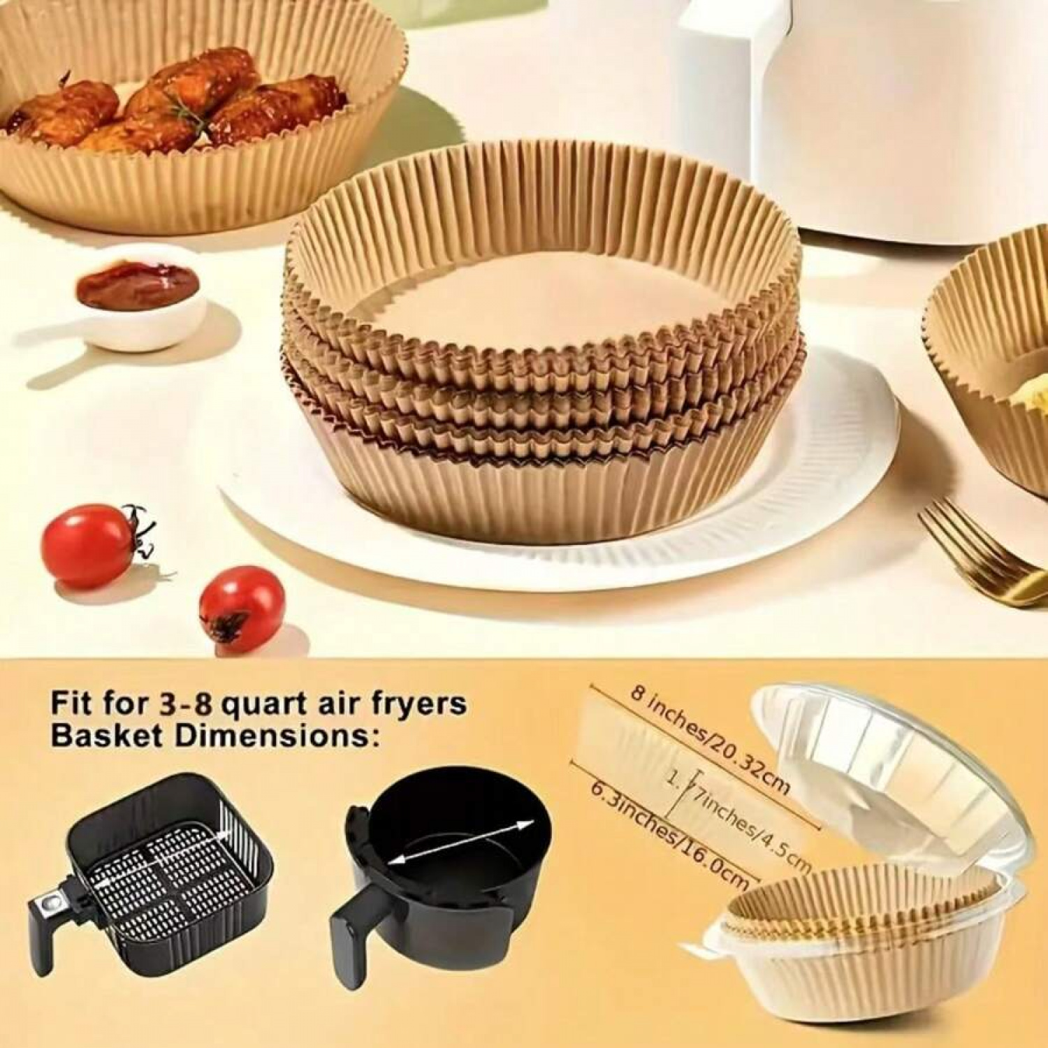 100pcs, Square Disposable Air Fryer Liners (6.3in/8in), Paper Air Fryer Liner Pots, Paper Basket Bowls, Baking Trays, Oven Accessories, Baking Tools