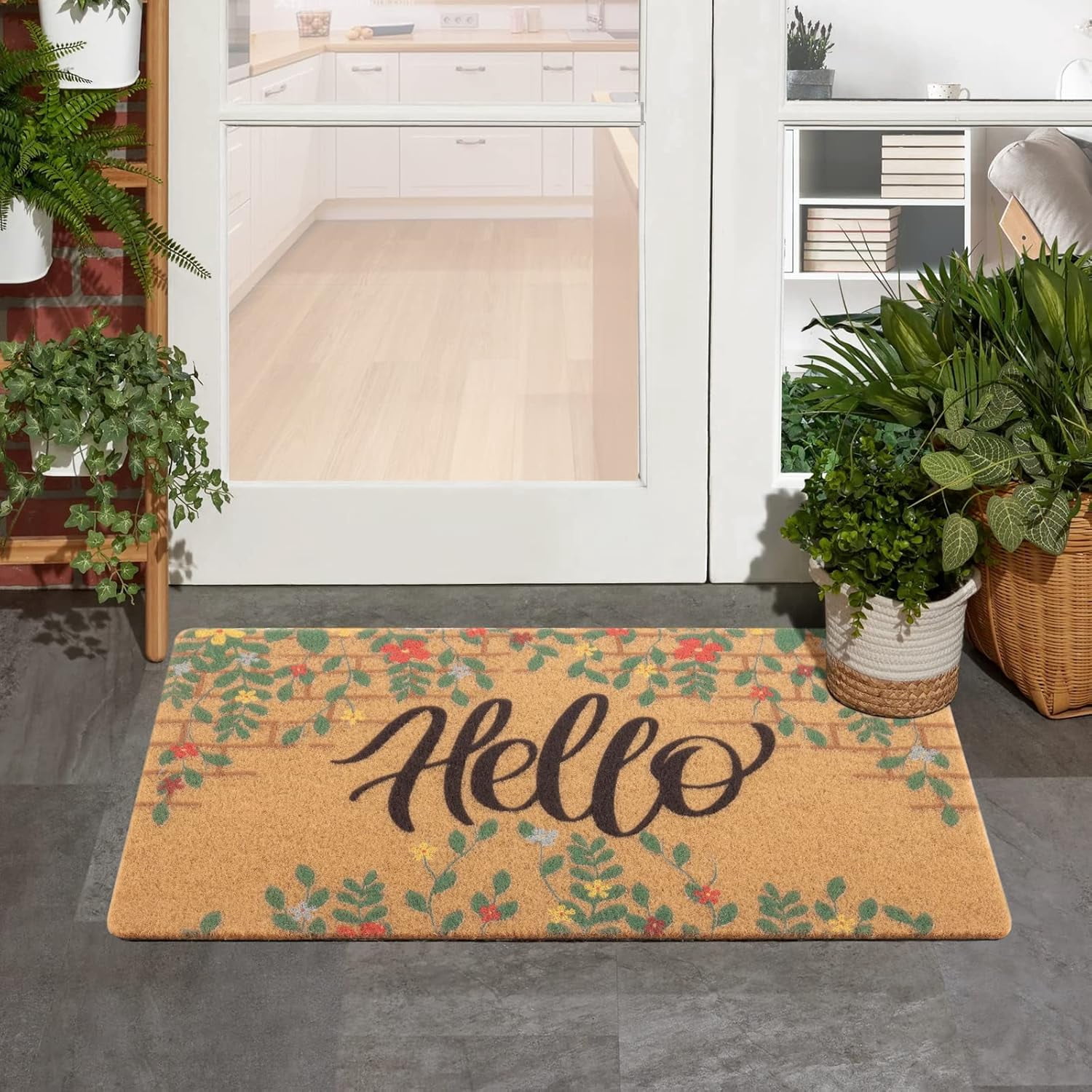 Artificial Coir Doormat with Non-Slip Backing for Indoor and Outdoor 17 x 30 inch Front Door Welcome Mat Spring Summer Seasonal Doormat, Hello Flower Wall