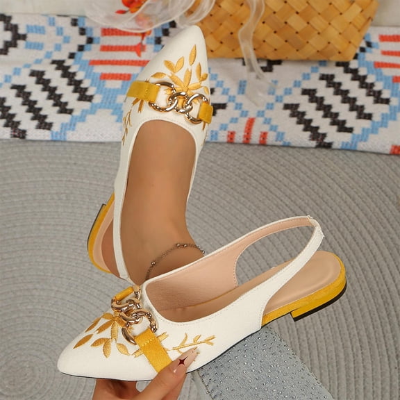 Samdudou Dress Shoes for Women Closed Toe Pointed Front Slingback Flats Canvas Texture Elegant Botanical Embroidery Chunky Chain Link Hardware Office Evening Party Shoes