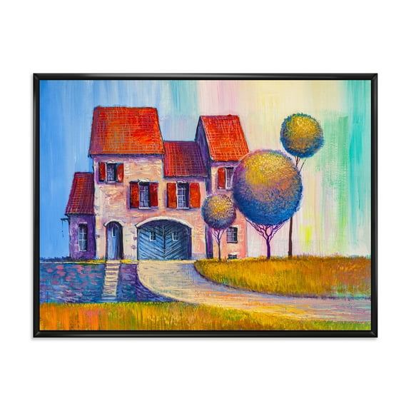 Designart 'A Red Roof House With In The Village' Modern Framed Canvas Wall Art Print