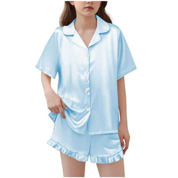 OGLCCG Girls Silk Satin Pajama Set 2 Piece Short Sleeve Button Down Pjs Top and Short Sets Soft Sleepwear Nightwear for Teens Girls 5-15 Years