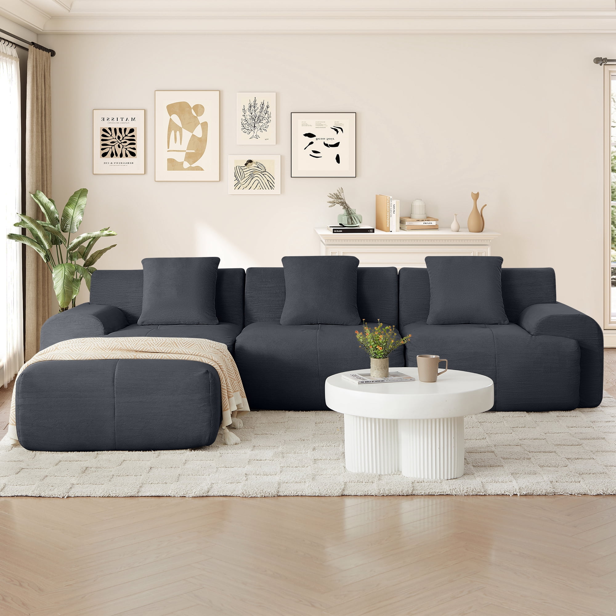 Muumblus 113" L-Shaped Modular Sectional Sofa, Oversized Corduroy Cloud Couch for Living Room, Dark Gray