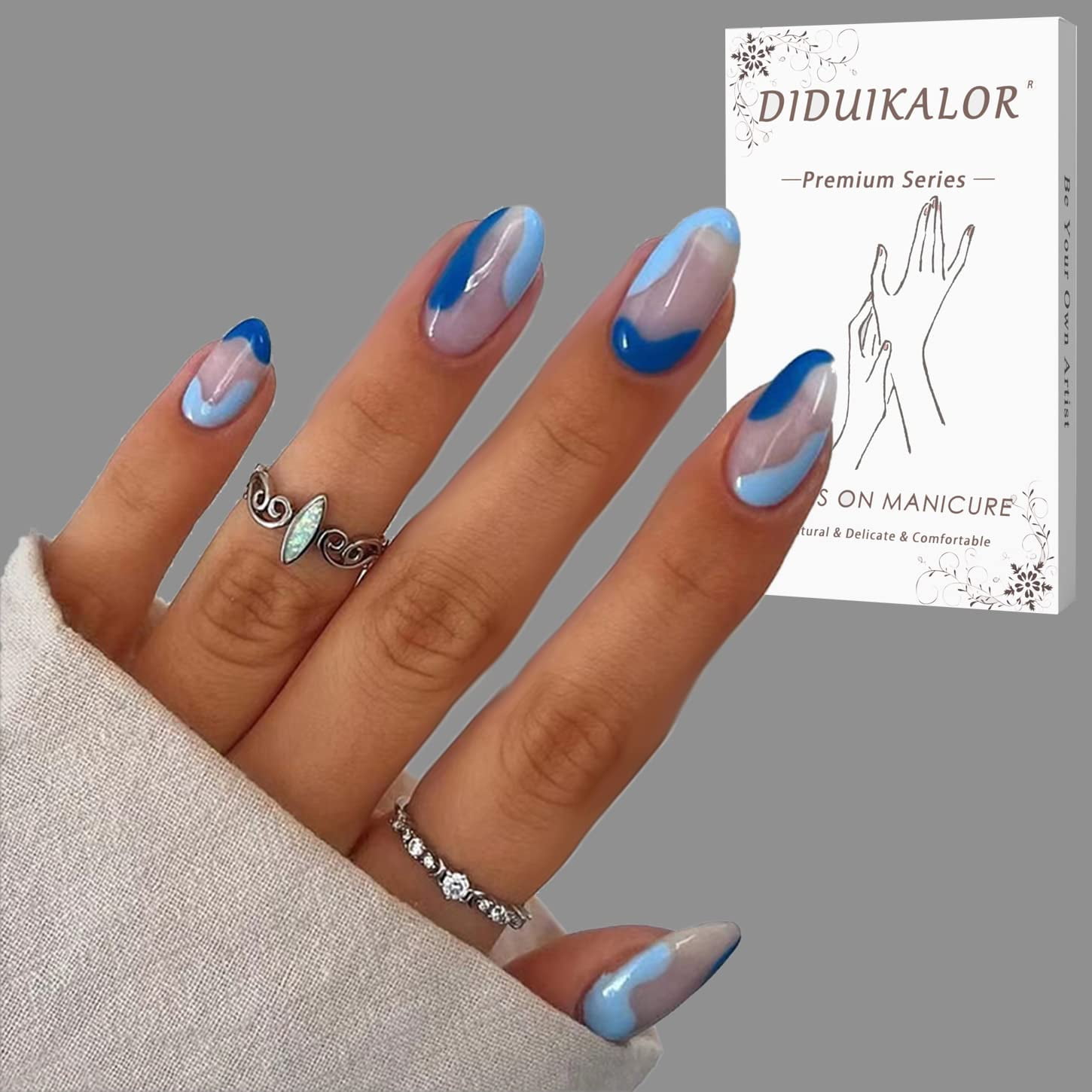 Blue Press on Nails Short, Oval Shape Fake Nails Almond Glossy with French  Stripe Wave Design, Artificial Finger Manicure Glue on Nails for Women and  Girls 