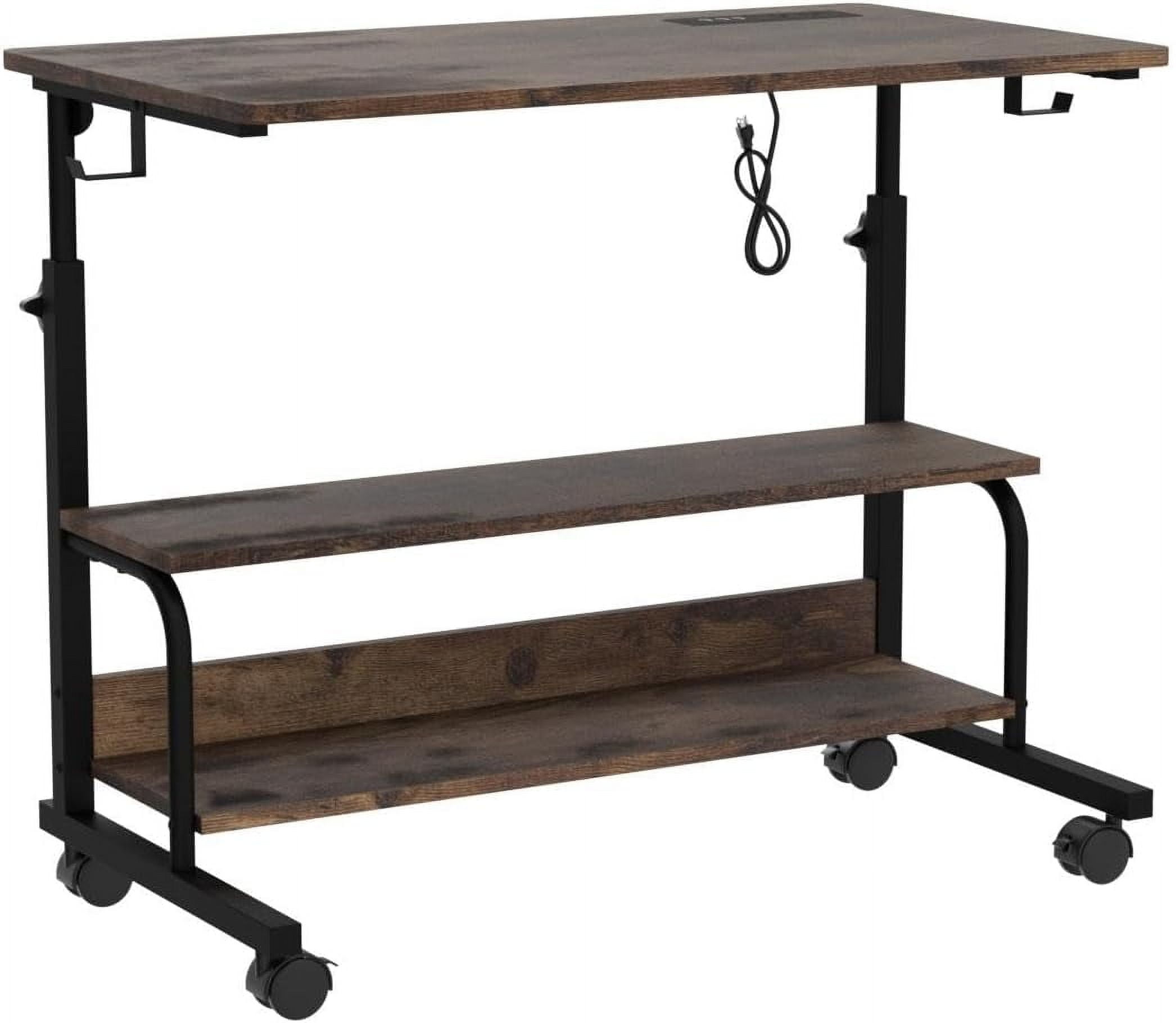 Homieasy Height Adjustable Standing Desk with Power Outlet & USB Ports, Max Height 41'', Small Mobile Computer Desk with Storage Shelves & Hooks, Portable Laptop Table for Home & Office, Rustic Brown