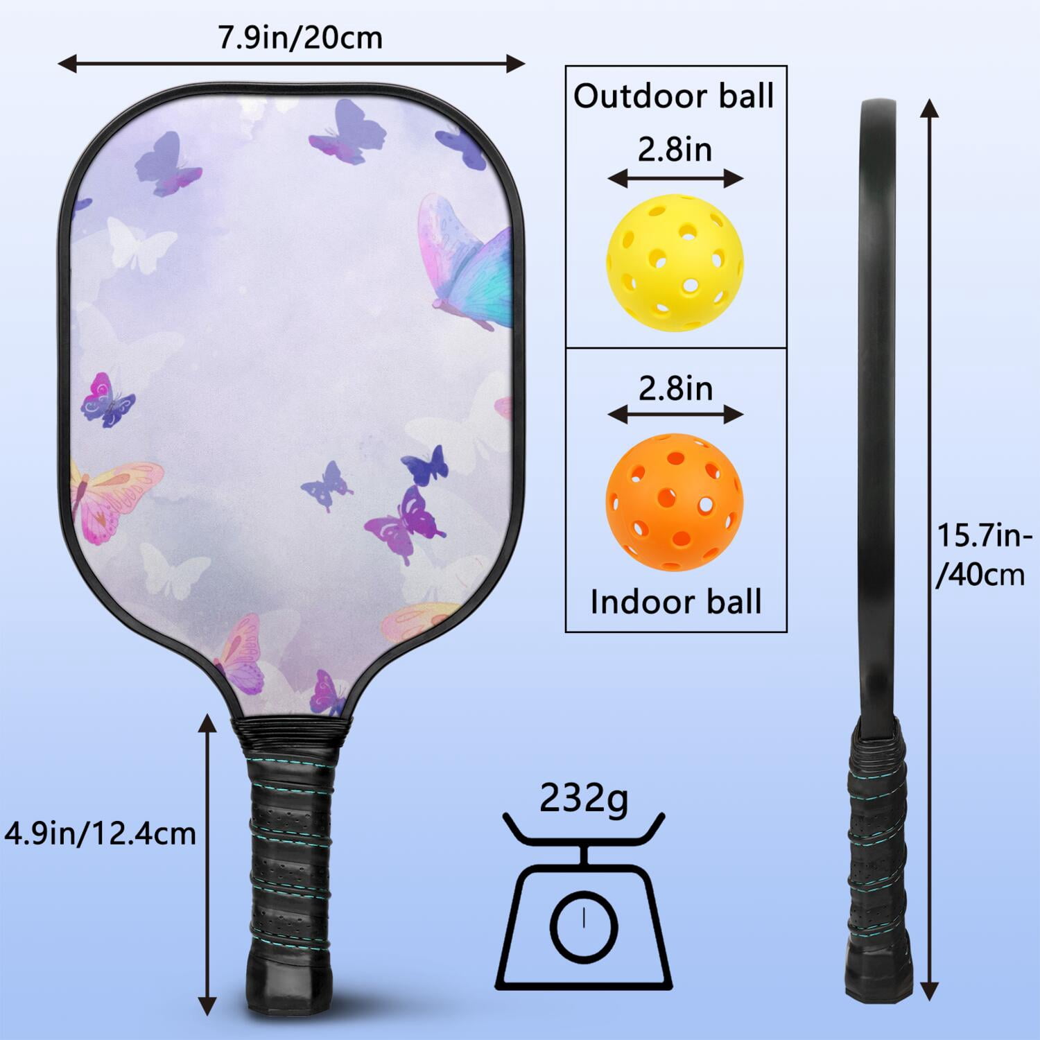 Pickleball Paddles Set Of 1, Fiberglass Surface, Boho Butterfly Decor, 1 Paddle, 2 Balls & Bag
