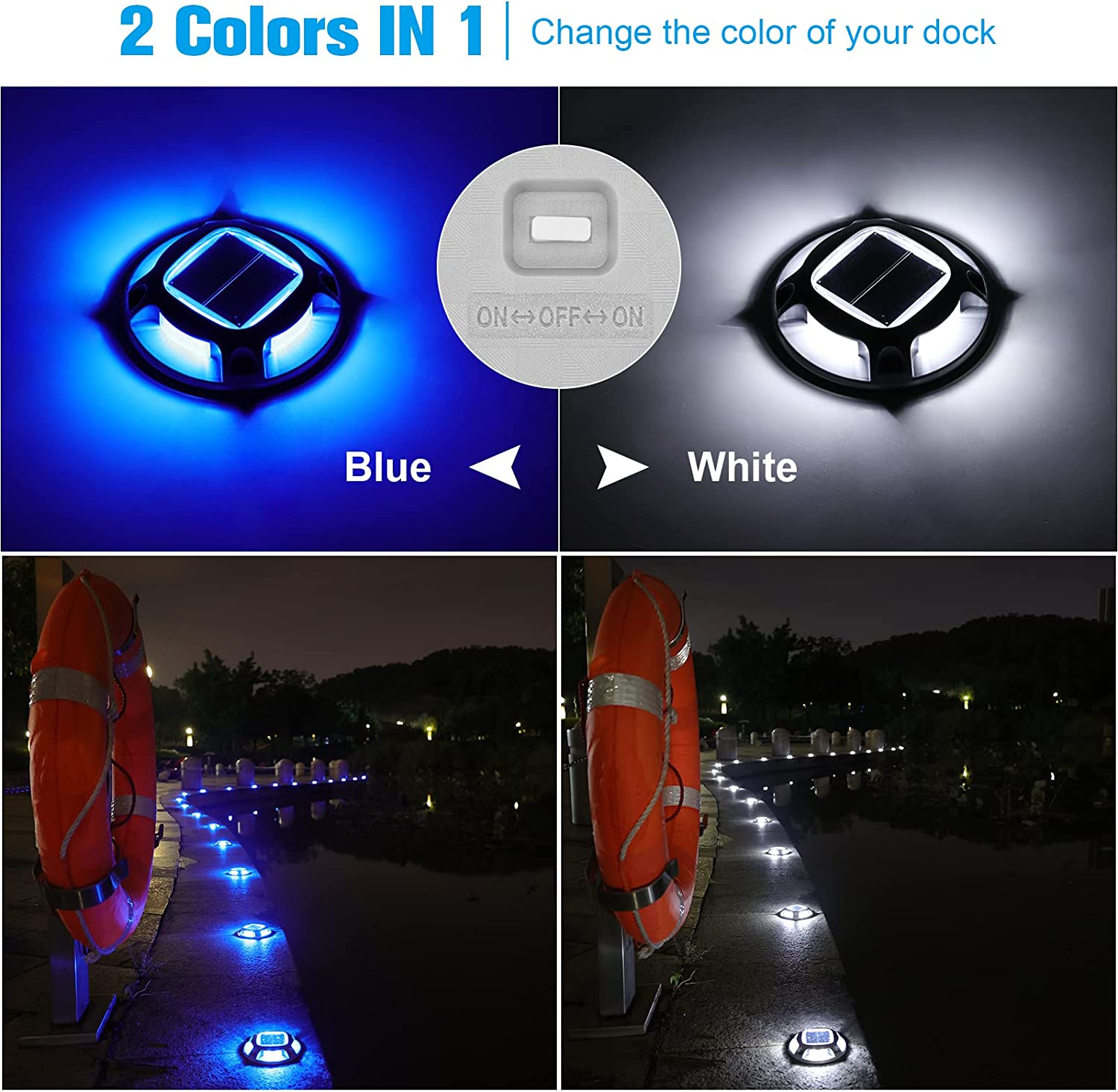 Solar Driveway Lights Dock Marine Lights 4-Pack,2 Colors in 1,Outdoor LED Deck  Lights,Solar Powered Waterproof Driveway Marker Lights for Warning Step  Wireless Sidewalk Pathway (White/Blue)