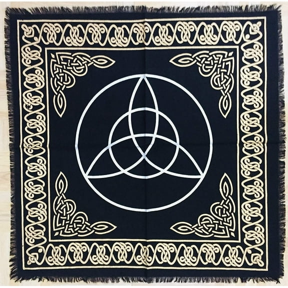 Triquetra Altar Cloth 24x24 inches Black Gold Cotton Spiritual Tablecloth Fringed Design Triple Goddess Symbol Wicca Cloth for Witchcraft Rituals|Triquetra Altar Cloth Black Gold Cotton Spiritual Tabl