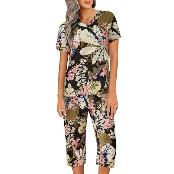 DAKIMOE Womens Pajama Sets Capri Sleepwear Short Sleeve Two-Piece Pjs V Neck Tops & Capri Pants with Pockets Casual Prints Lounge Sets for Women S-XL, Leaf-Khaki, M