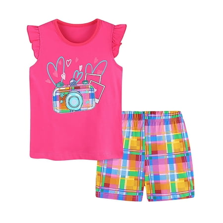 

XJDJHC Toddler Baby Girl Summer Outfit Letter Kids Girls Summer Camera Cartoon Print Fly Sleeve T Shirt Tops And Plaid Shorts 2PCS Outfits Clothes Set Children s Clothing 4-5 Years