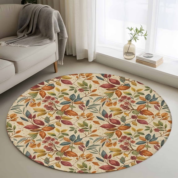 Fall Leaves Round Area Rug 3 FT, Small Kitchen Bathroom Mats, Farmhouse Beige Botanical Leaf Autumn Washable Indoor Outdoor Throw Runner Carpet Non-Shedding Doormat for Table Shower Sofa Entryway