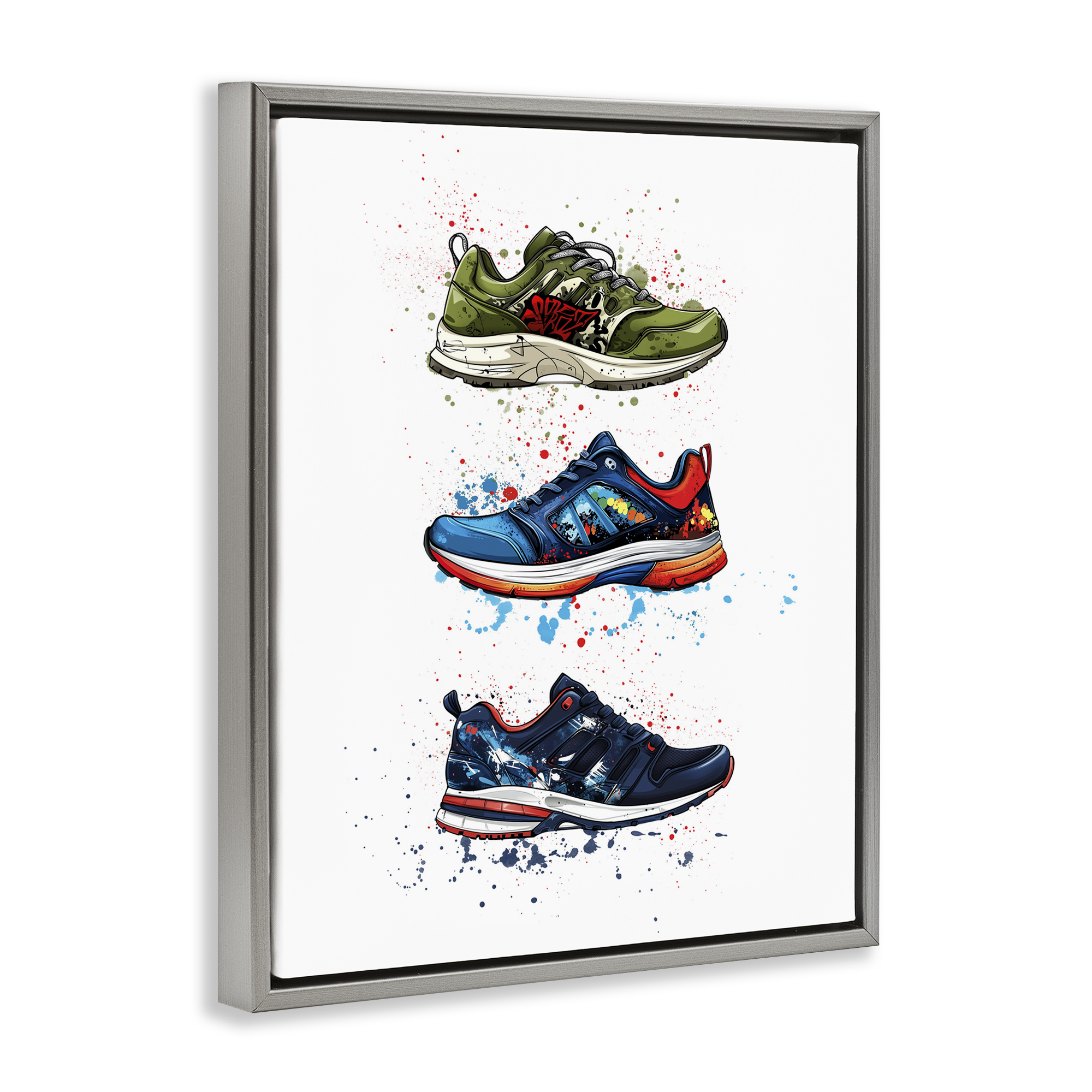 Modern Spray Sneakers Gray Framed Floater Canvas Wall Art, design by Christine Simpson Art