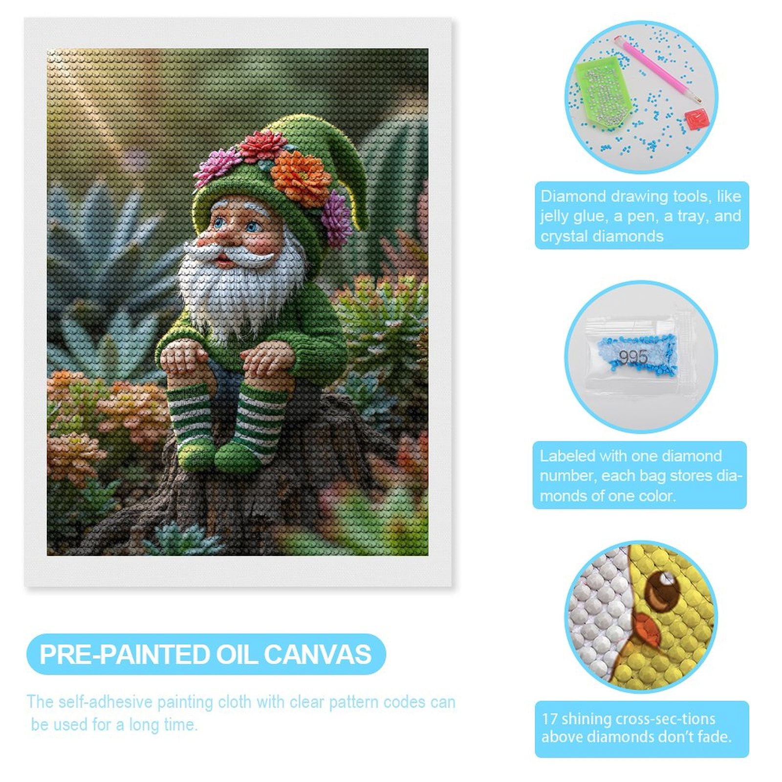 Diamond Art Kits for Adults, Garden Gnome Sitting Among Cacti 5D Diamond Painting Kits for Adults Beginners, DIY Full Drill Diamond Painting, Gem Art and Crafts 12x16