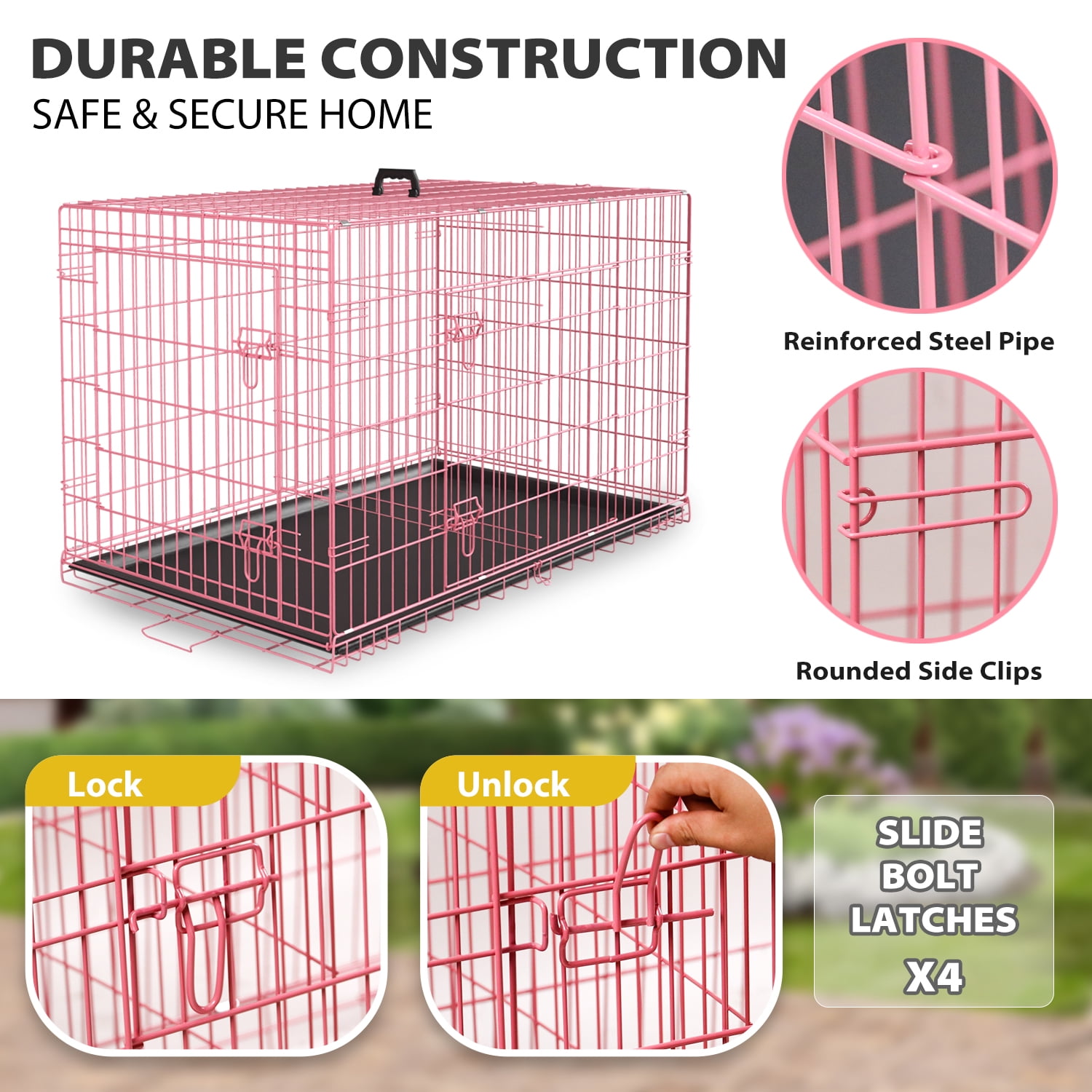 NiamVelo 48 inch Large Dog Crate Dog Cage Dog Kennel, Folding Metal Wire Pet Crate with Handle and Plastic Tray, Indoor&Outdoor, Pink XXL
