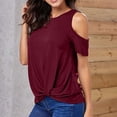 thumbnail image 4 of Wenyuyu Women’s Cold Shoulder T Shirts Short Sleeve Round Neck Tops Summer Trendy Casual Knot Twist Tunic Tee Blouses Wine L, 4 of 7
