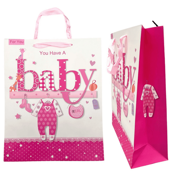 10 in x 12 in You Have A Baby Girl Medium Decorative Gift Bag, Present Bag, Cute Patterns, Sturdy Satin Handles, Ideal for Newborn Gifts, Keepsakes, Clothing, Baby Shower, Pink