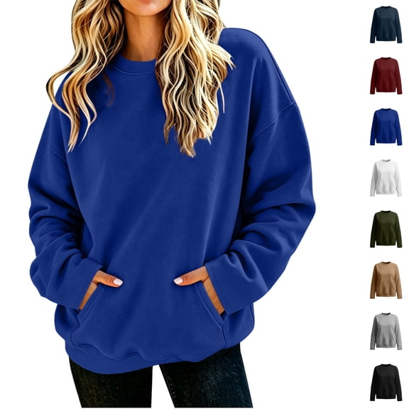 hoksml Women Oversized Crew Neck Sweatshirt, Long Sleeve Pullover Top with Side Pockets, Loose Fit Solid Color Casual Daily Wear Sweatshirt