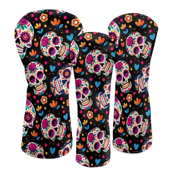 Uorisanigo Sugar Skull Golf Club Head Covers for Fairway Woods, Drivers and Hybrid, - 3-Pack Golf Club Headcovers for Men & Women- Premium PU Leather, Double Elastic Band
