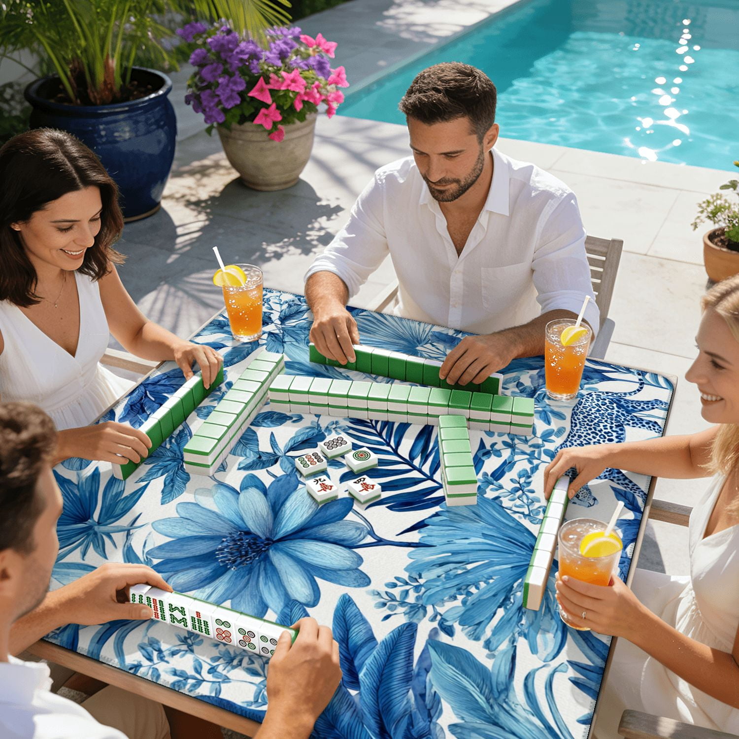 Mahjong Mat 31.5" x 31.5" Seamless white tropical leaves gold elements blue Non-Slip Noise Reduction American Mahjong Tiles Table Cover for Dominoes Poker Card Board Games Gift