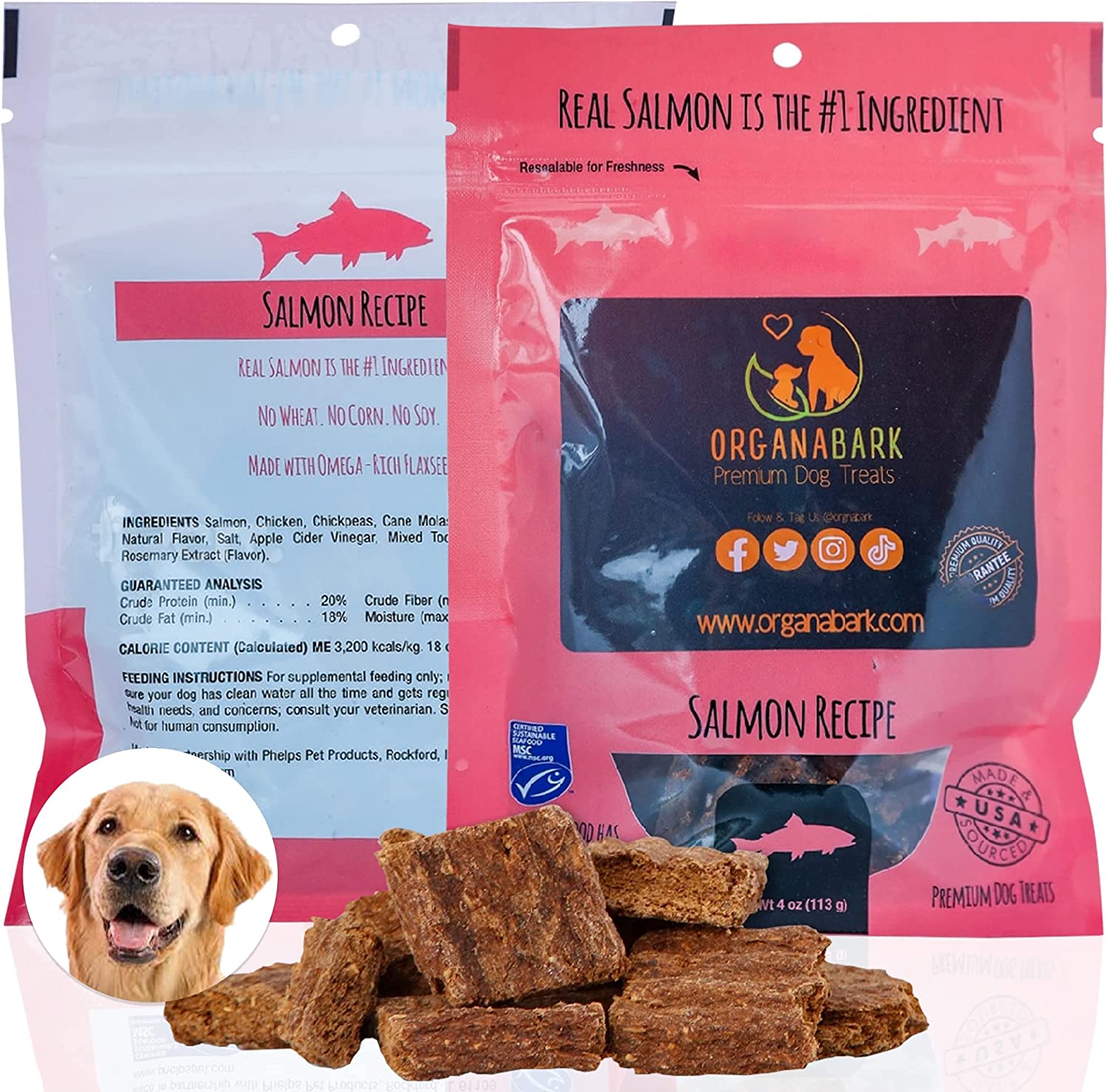OrganaBark Natural Dog Treats, Natural Salmon Treat Dog Bites, Treats