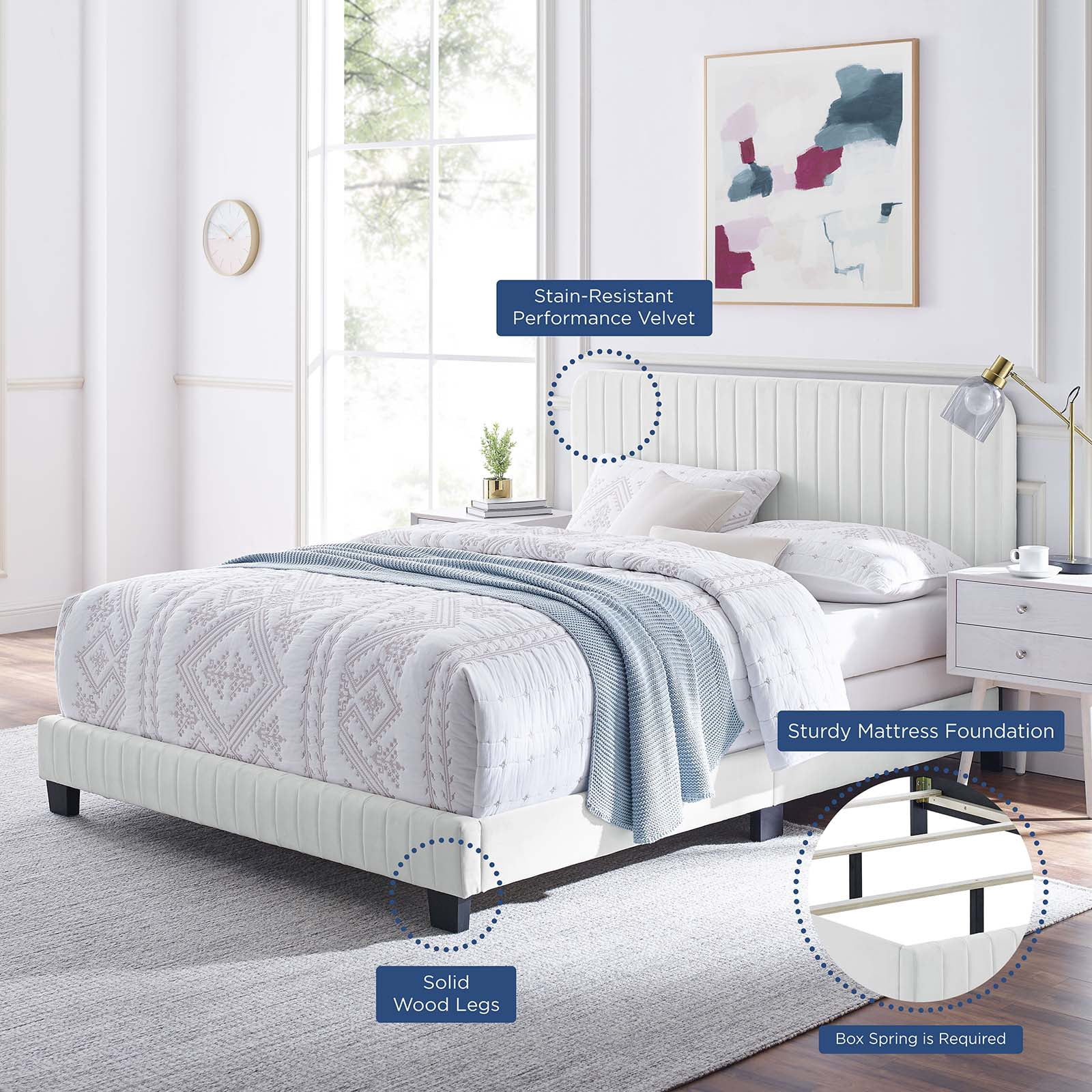 Tufted Platform Bed Frame, King Size, Velvet, White, Modern Contemporary Urban Design, Bedroom Master Guest Suite