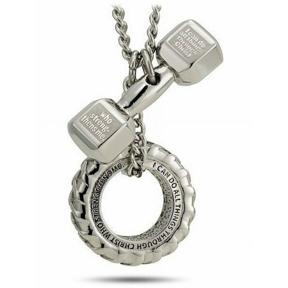 Mens Stainless Steel Combo Necklace-Phil 4:13 Dumbbell and Tire by Shields of Strength