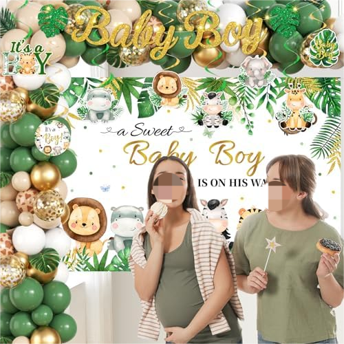 Safari Baby Shower Decorations,387pcs Jungle Baby Shower Decorations Sweet Boy Baby shower Theme Plates and Napkins Cups Tablecloth Backdrop Topper Balloons for Boy Wild Birthday Decorations