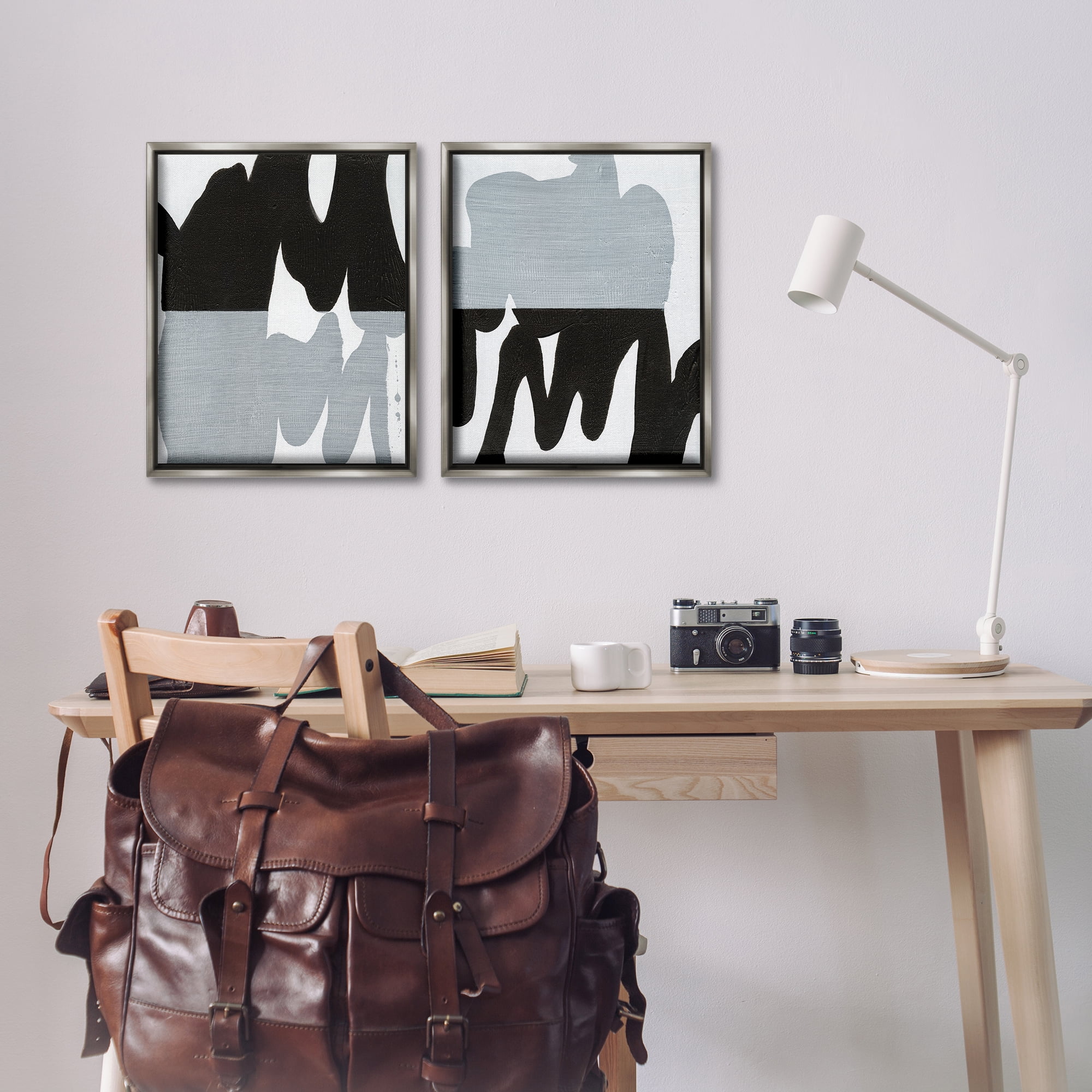 Stupell Industries Veiled Black and White Abstract Abstract Painting Gray Floater Framed Canvas Art Print Wall Art, 17 x 21, Set of 2