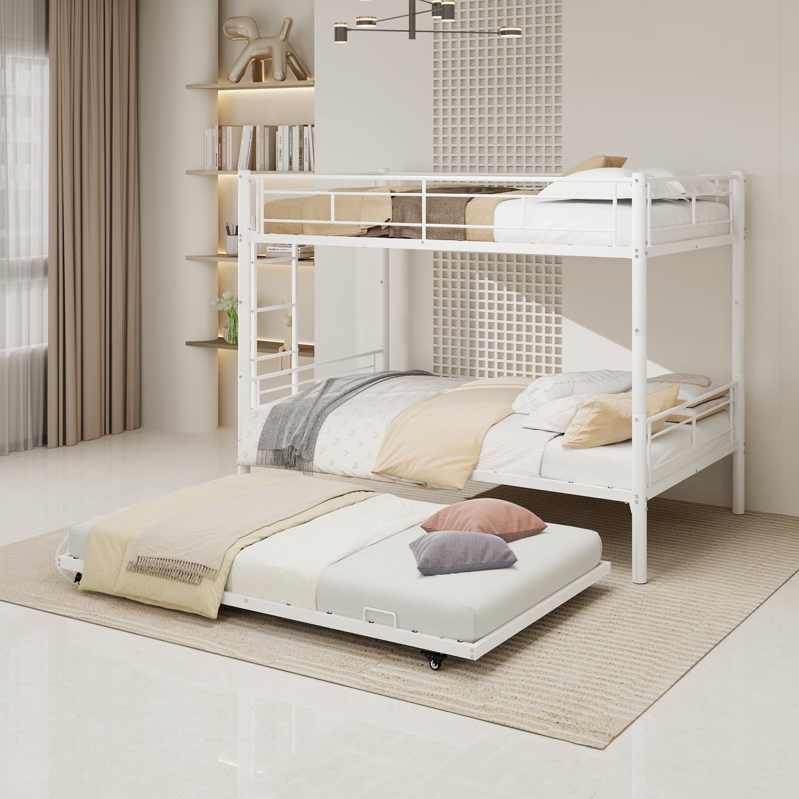 White Twin Metal Triple Bunk Bed with Removable Design – Durable Iron Structure, Separates Into Three Twin Beds