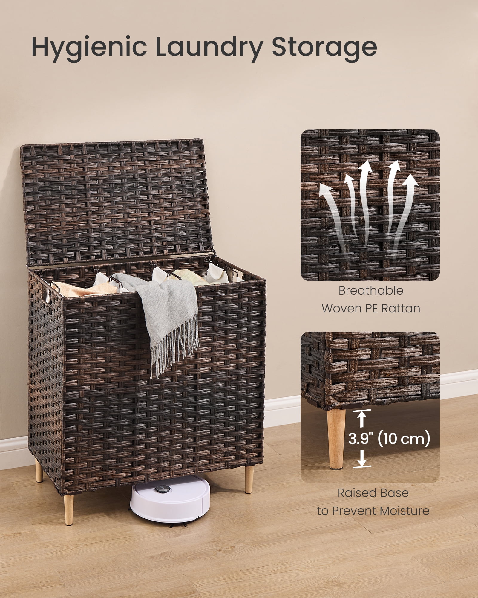 SONGMICS Laundry Hamper with Lid, PE Rattan Laundry Basket with Removable Liner, 3-Section Sorter, 42.2 Gallons (160 L), Chestnut Brown