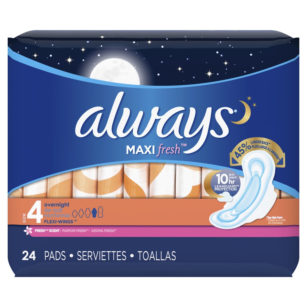 Always Maxi Overnight Pads with Wings Scented, Size 4, 24 Ct