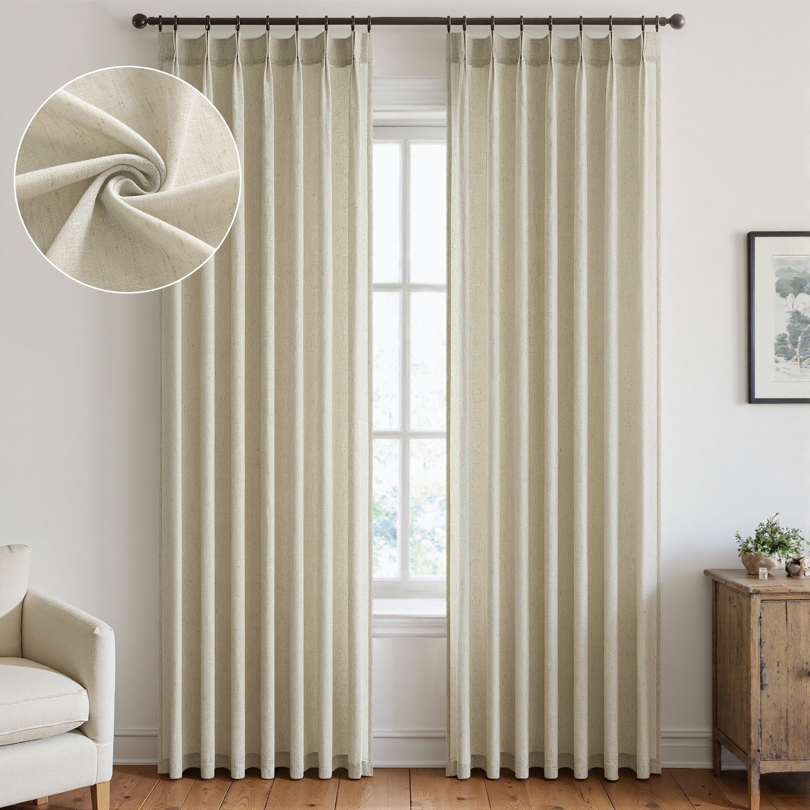 Jainmy Pinch Pleated Linen Curtains, Boho Light Filtering Living Room Bedroom Curtain,Window Treatments with Hook,Natural Linen, 40x94 inch, 2 Panels
