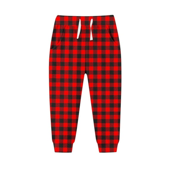 Lenpel Unisex Children's Joggers Girls Boys Plaid Elastic Waist Drawstring Lounge Pants Toddler Jogger Pants(Red,12-13 Years)