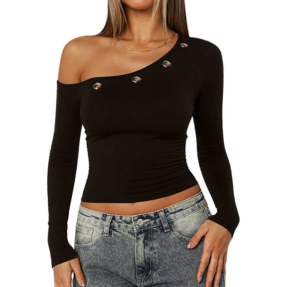 Women Long Sleeve Shirts Rib Knit Slim Fit Tops Off-Shoulder Tee Fall Outfits Casual T-Shirt Layer Clothes Brown L