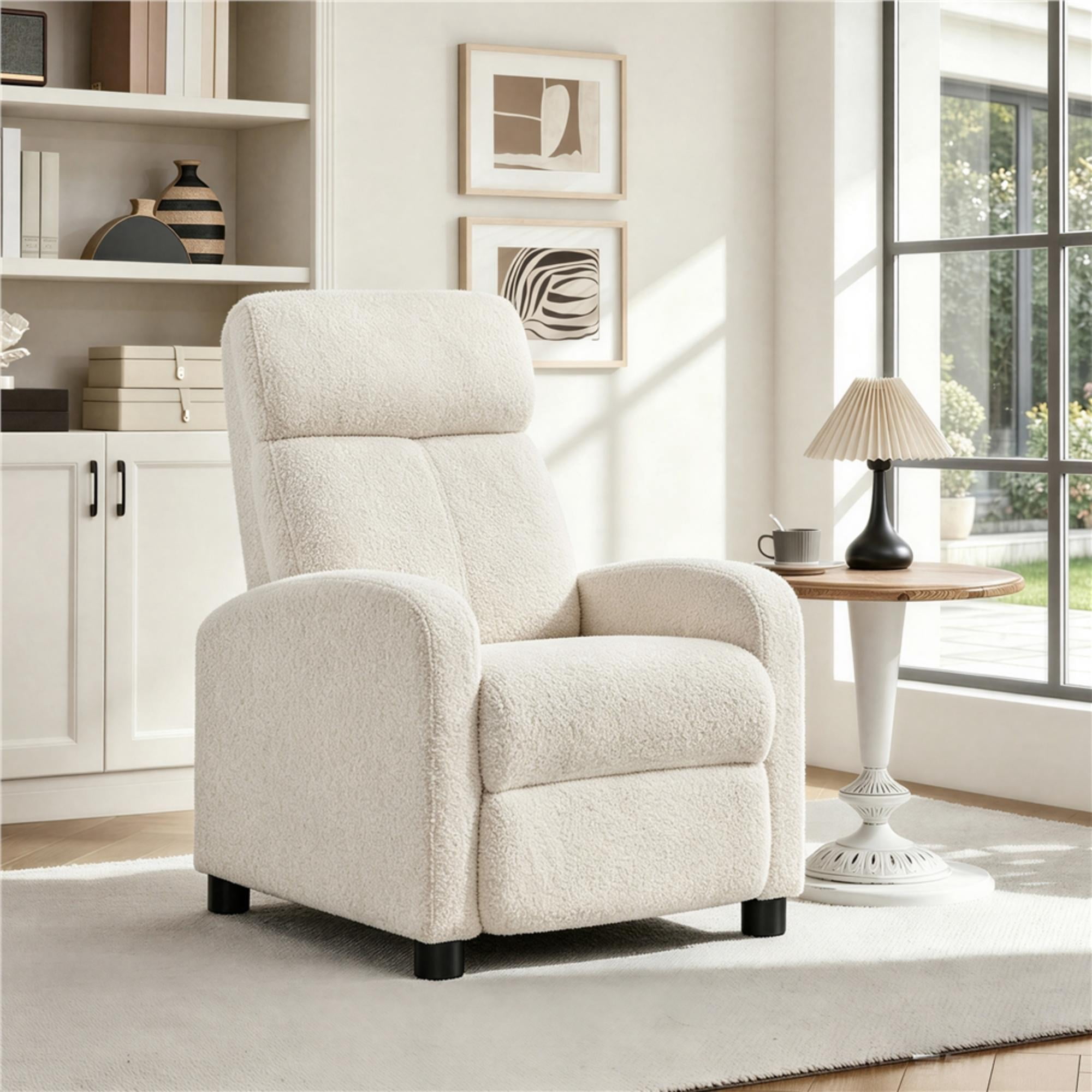 Renwick Boucle Push Back Theater Recliner Chair with Footrest, Ivory
