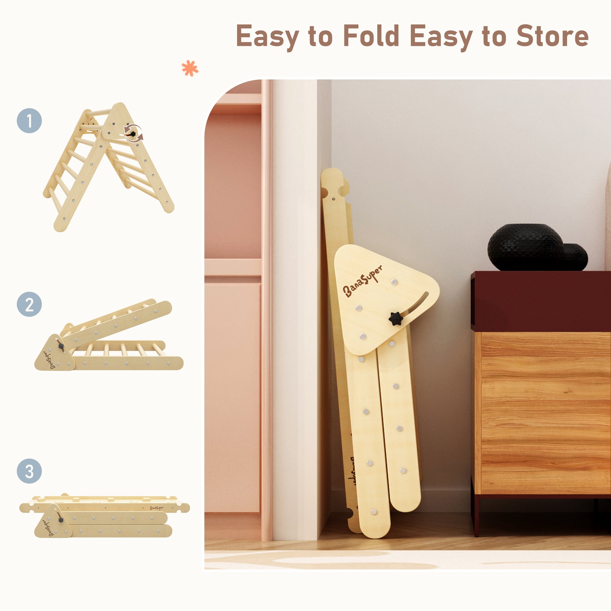 Banasuper Foldable Pikler Triangle Climber with Ramp 2-in-1 Wooden Climbing Triangle Set with Ladder & Slide Montessori Climbing Toys for Toddler Kids Indoor Playground Play Gym