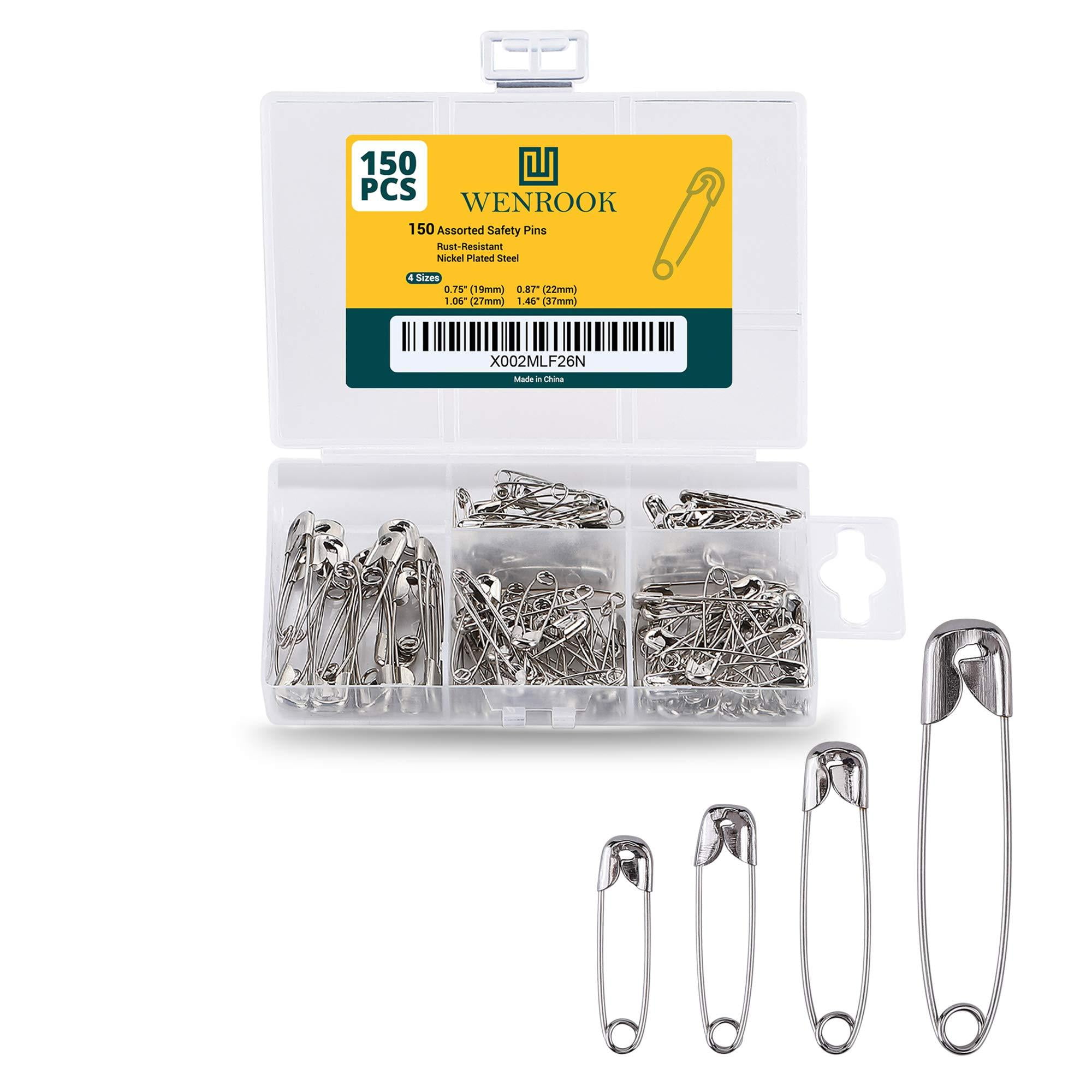 Wenrook Safety Pins Assorted 4Size Pack of 150 Nickel Plated Steel, Rust Resistant, Perfect