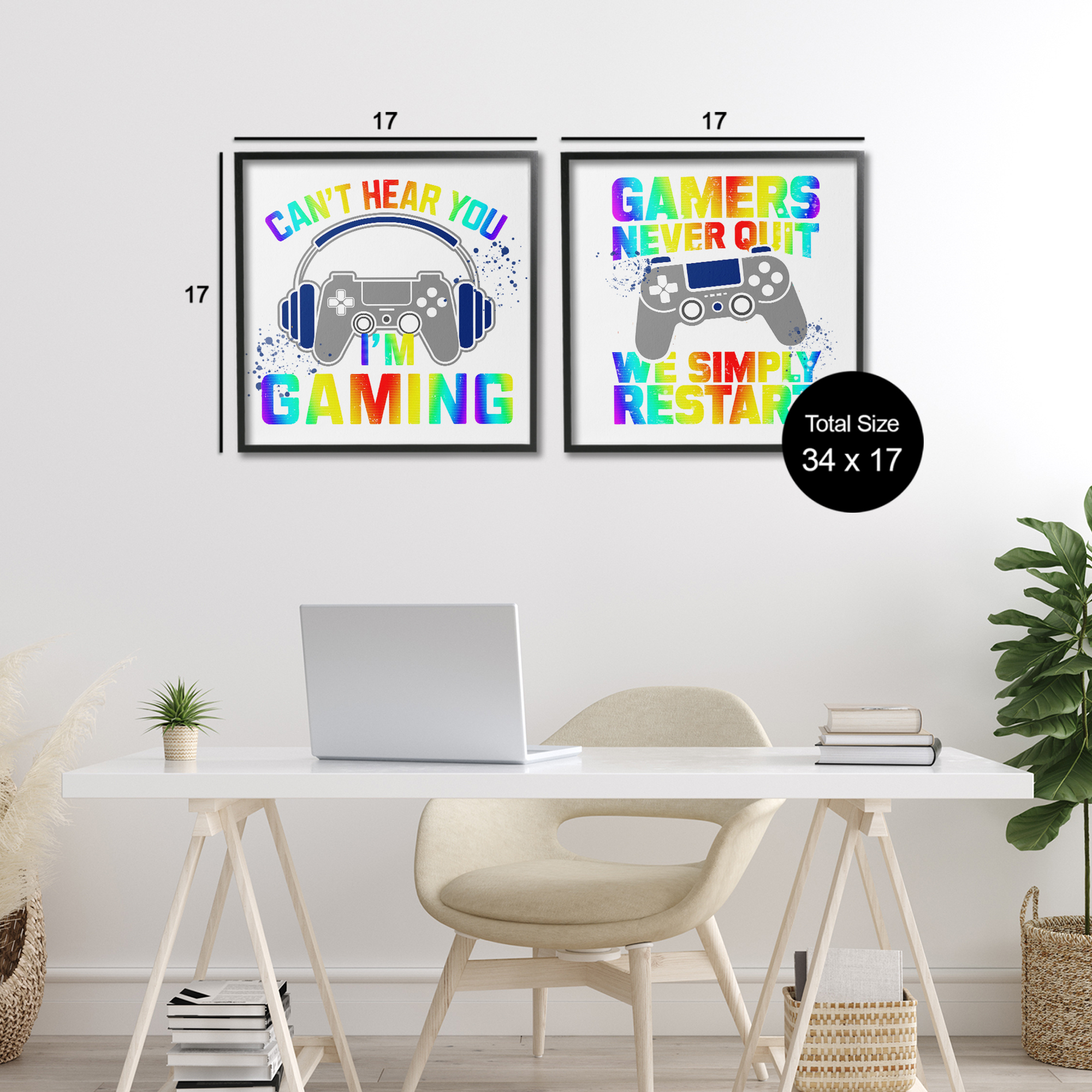 Rainbow Retro Gaming Phrases 2 Piece Black Framed Giclee Art Set, design by Kim Allen