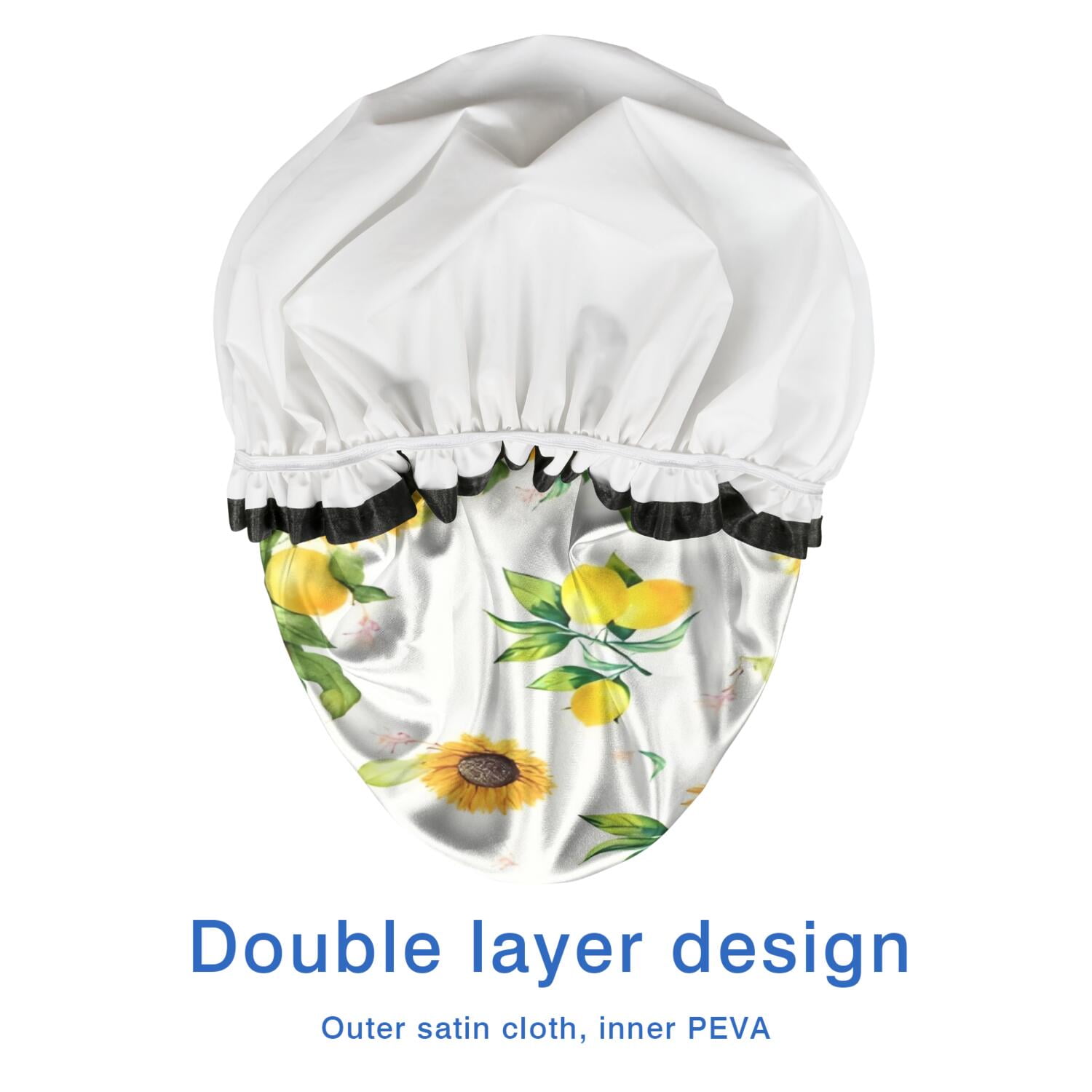 Shower Caps,Yellow Lemon Fruit Sunflowers White Pattern Waterproof Shower Cap for Women 4 Pieces,Double Reusable Hair Cover for Shower PEVA Elastic Stretch Hem