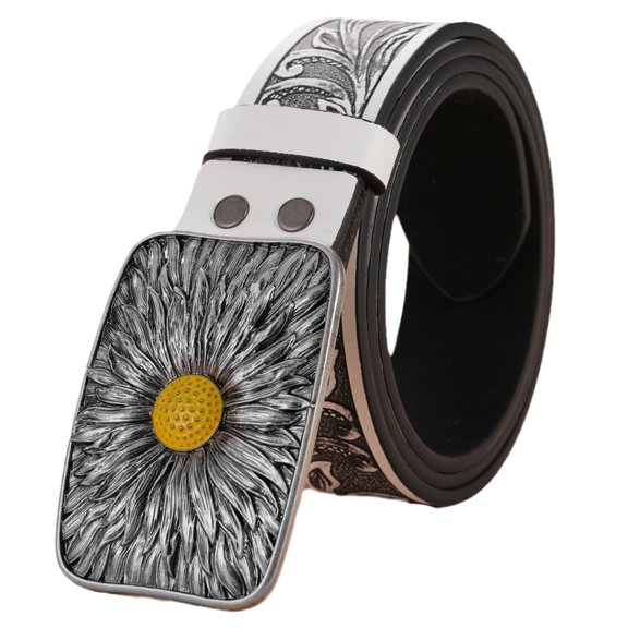 Aellinatey Engraved Flower Buckle Belt Vintage Western Belt Leather Belt Cowboy Belt