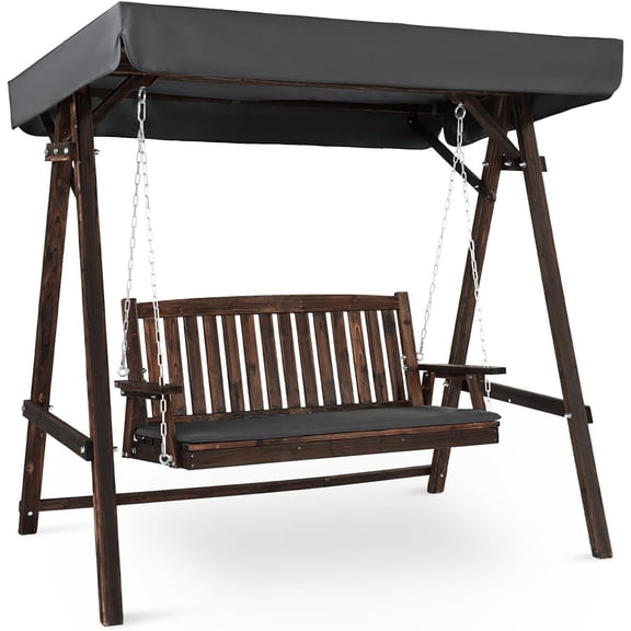 Ktaxon 2-Seater Wooden Patio Swing with Canopy & Cushion, Outdoor Porch Swing Chair with Solid Fir Wood Frame for Backyard Garden, Black
